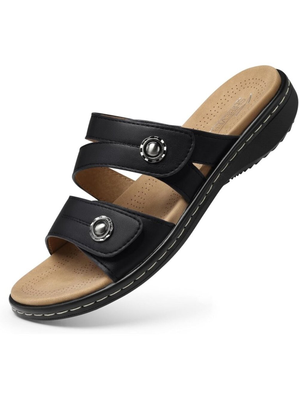 Women's Dark Black Dressy Flat Comfortable Arch Support Non Slip Walking Sandal